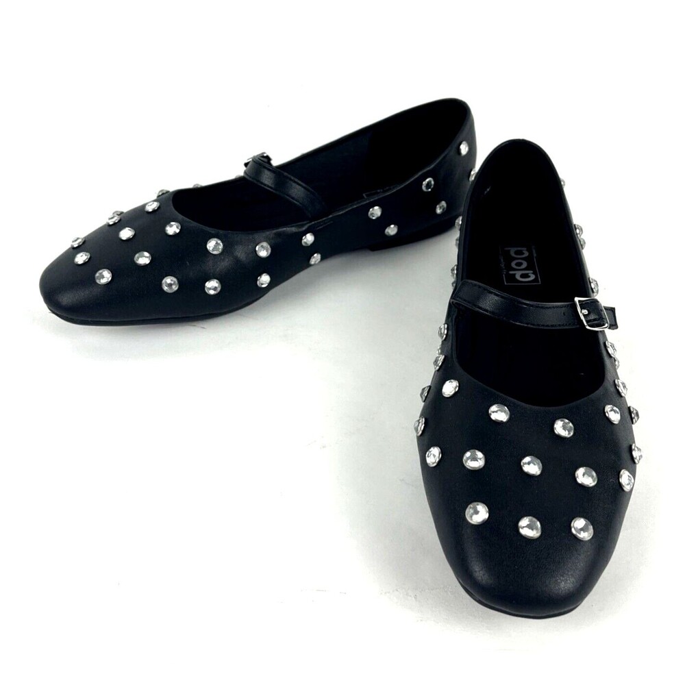 POP Womens Black Flats Ballet Shoes Slip-on Silver Rhinestones Bling  SZ 7.5 NEW